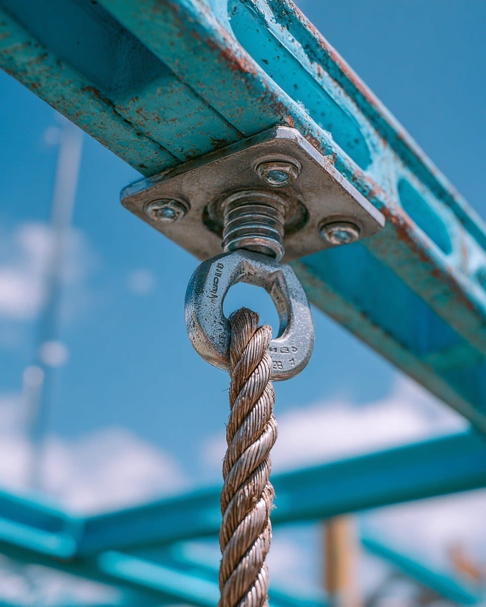 Galvanised eyebolt and rope fixed to a turquoise steel swing frame against a blue sky