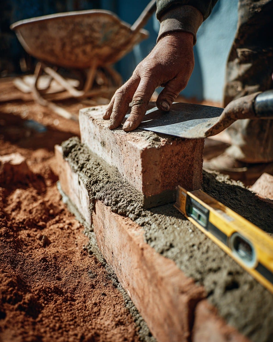 Hand setting a clay brick onto fresh mortar with a spirit level alongside