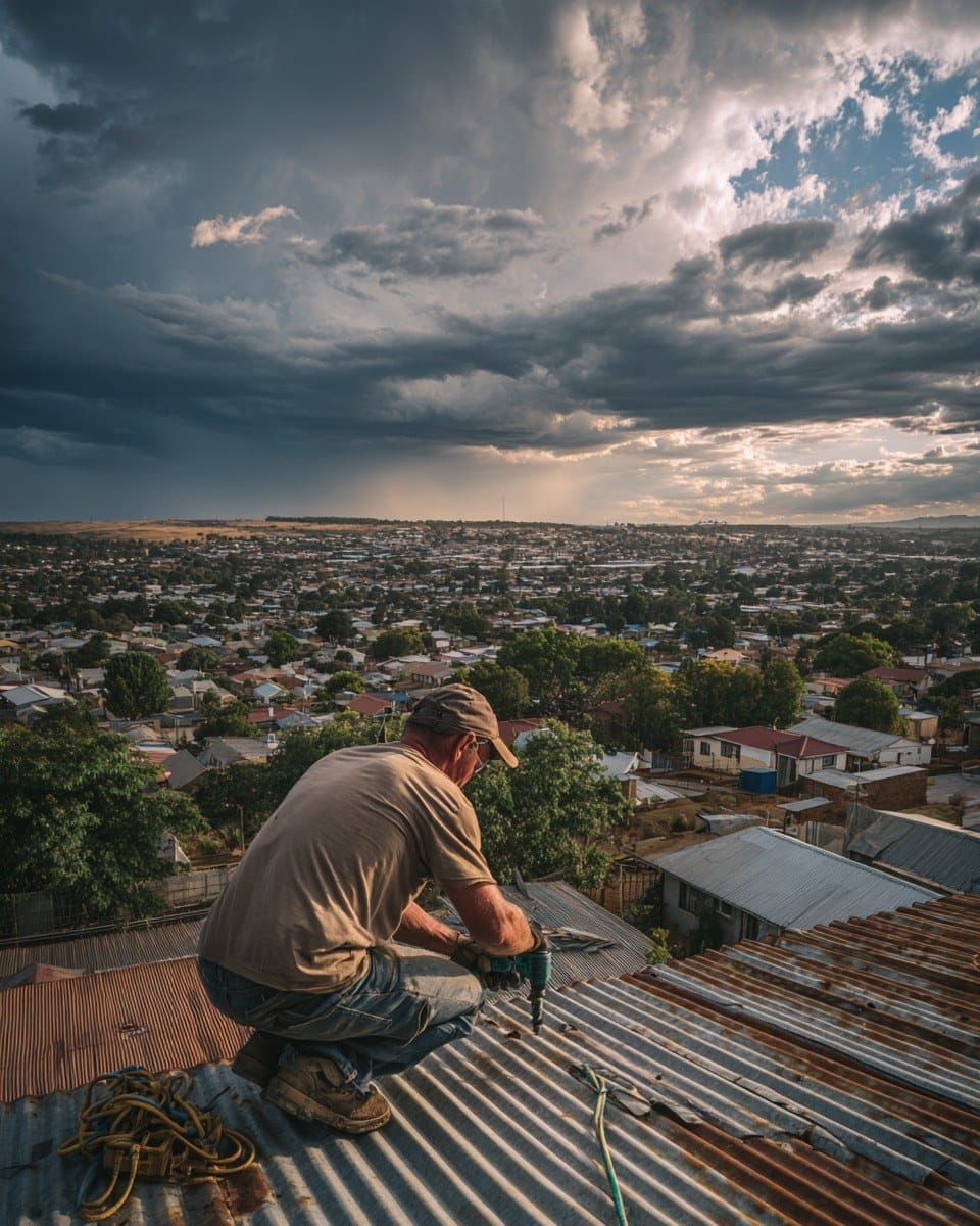 Worker kneeling on a corrugated iron roof driving a roofing screw, storm clouds over the suburb