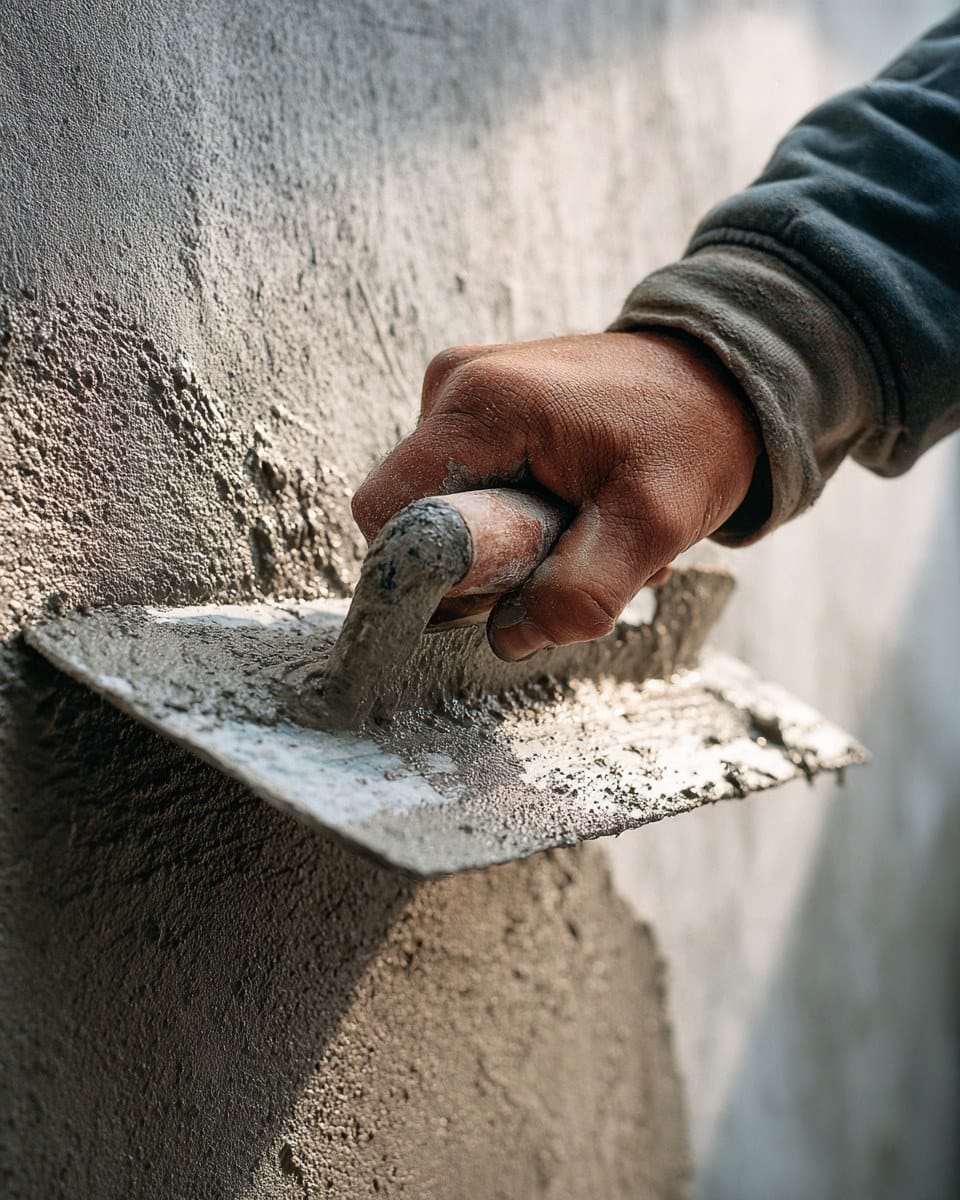 Hand sweeping a steel float across wet grey plaster on an exterior wall